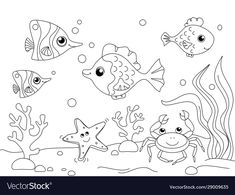 an underwater scene with fish and starfishs in black and white coloring book page