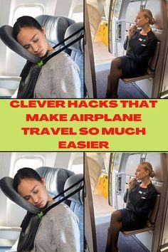 a woman sitting on an airplane talking on her cell phone with the caption clever hacks that make airplanes travel so much easier