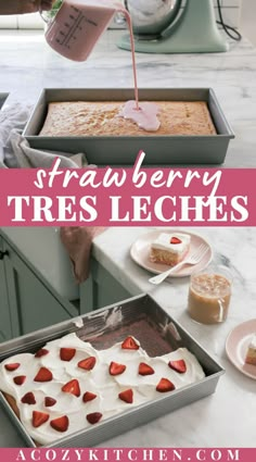 strawberry tres leches are ready to be served in the kitchen with strawberries on top