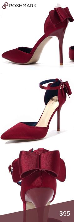 Women's Burgundy Ankle Strap Bow Dress Shoes *NWT* Women's Burgundy Ankle Strap Bow High Heel Dress Shoe *NEW* Arrives new and unused   ✖️Fabric: Satin look  ✖️Heel Length almost 4” ✖️Unique Rear Bow Design. ✖️Pointed Toe ✖️Stiletto heel  ✖️Ankle Buckle Strap and Bow Design ✖️heel itself is not satin texture  Perfect for Valentine’s Day , Christmas , birthday , weddings  or other special occasions  🚫NO TRADES🚫 ♻️BUNDLE & SAVE♻️ Shoes Heels Bow High Heels, High Heel Dress Shoes, High Heel Dress, Bow Design, Dress With Bow, Lady In Red, Ankle Strap, Shoes Women Heels, Kitten Heels