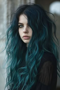 Black Turquoise Hair, Dark Teal Green Hair, Brown To Teal Ombre Hair, Dark To Light Blue Hair, Warm Blue Hair, Green Hair Bangs, Dark Purple Hair Aesthetic, Greenish Blue Hair, Witch Hair Color