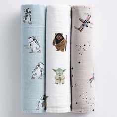 Welcome your little Padawan(TM) home with this galactic swaddle set. The coordinating blankets feature prints of Empire(TM) Starships(TM), their favorite Droids(TM) and characters from the Rebel Alliance(TM). Made from pure organic cotton muslin, your baby will feel warm, cozy and secure. This Star Wars(TM) nursery collection is designed exclusively for Pottery Barn Kids. DETAILS THAT MATTER Made of 100% organic cotton muslin. Each swaddle blanket in the set has a different Star Wars(TM) pattern Starwars Nursery Themes, Star Wars Nursery, Patchwork Baby, Star Wars Tattoo, Baby Sleep Problems, Swaddle Sets, Muslin Swaddle, Star Wars Baby, Muslin Swaddling