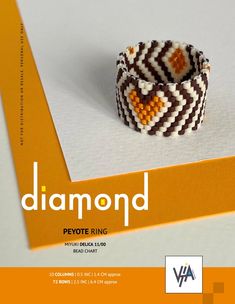 an advertisement for a beaded bracelet with the words diamond written in white and orange