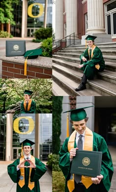 a collage of photos shows a graduate sitting on the steps