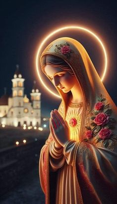 a statue of the virgin mary holding her hands in front of a lit up church