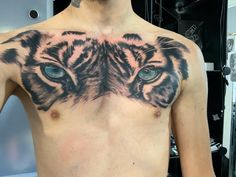 a man's chest with a tiger tattoo on it, showing the blue eyes