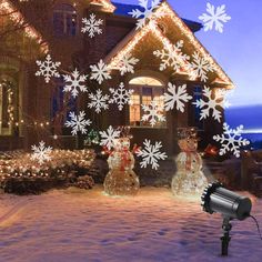 snowflakes and christmas lights decorate the front yard of a house