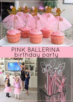 pink ballerina birthday party with cupcakes and decorations