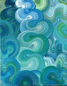 an abstract painting with blue, green and white swirls