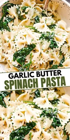 garlic butter pasta and spinach in a skillet