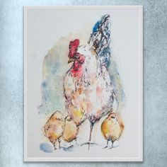 a watercolor painting of a chicken and her chicks