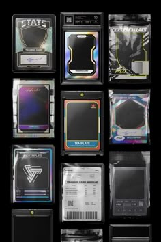 many different types of cards in plastic bags on a black background with space for text