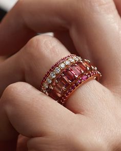 A luminous ring, with rubies. A unique stacking ring, a subtle wedding band, or a wedding band and engagement ring all in one. Gemstone Band Rings, Ring Stack Diamond, Ruby Ring Stack, Wedding Band And Engagement Ring, Ruby Gold Ring, Ruby Ring Designs, Ruby Band Ring, Diamond Ring Band, Ruby Wedding Band