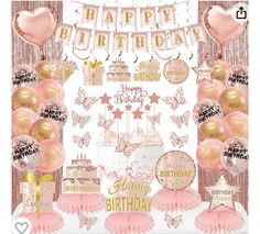 a pink and gold birthday party with balloons, cake, streamers, decorations and other items