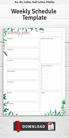 the free printable weekly planner is displayed on a white wooden background with green leaves