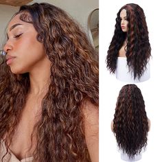 Lace Front Curly, Curly Highlights, Brown Lace Front, Long Curly Wig, Hair Net, Brown Highlights, Curly Wig, Brown Wig