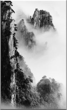 black and white photograph of mountains in the fog with trees on each side, surrounded by low hanging clouds