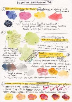 an image of watercolors and ink on paper with different colors in it, including red