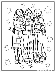 three girls are standing together with hearts in the background coloring pages for adults and children