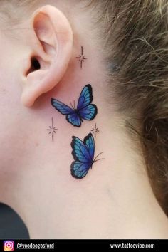 Tiny Butterfly Tattoo, Butterfly Neck Tattoo, Delicate Flower Tattoo, Colorful Butterfly Tattoo, Wörter Tattoos, Shoulder Sleeve Tattoos, Blue Butterfly Tattoo, Timeless Tattoo, Blue Morpho Butterfly