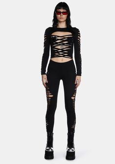 cuz rules were meant to be broken. These leggings have a stretchy construction, a cut out weaving design, lace up detailing on the sides, a low waist fit, and an elastic waistband. Grunge Clothing, Mesh Pants, Lace Up Leggings, Cut Out Leggings, High Fashion Outfits, Black Dolls, Black Doll, Current Mood, Rave Outfits