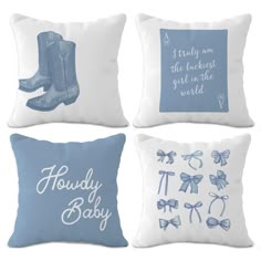 four pillows with blue and white designs for baby's first birthday, including cowboy boots