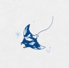 a blue and white drawing of a bird flying in the sky with snowflakes on its wings