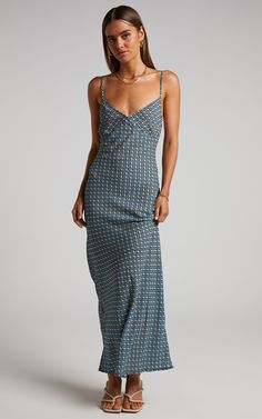 Brunita Midi Dress - V Neck Low Scoop Back Slip Dress in Tile Geo | Showpo USA Midi Slip Dress, Tile Print, Chunky Sneakers, European Fashion, Guest Dresses, Pretty Dresses, Fashion Inspo Outfits, Casual Dresses, Slip Dress