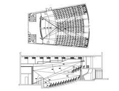 the plan and section of an auditorium with seats on each side, in black and white