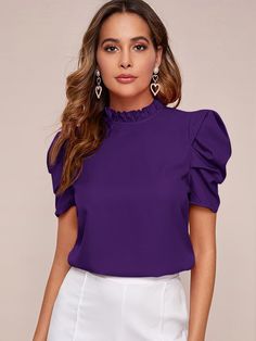 Purple Blouse Outfit, Dark Purple Blouse, Blouses Vintage, Batwing Sleeve Top, Ladies Blouse Designs, Womens Tops Dressy, Purple Blouse, Blouse Short Sleeve, Plain Tops