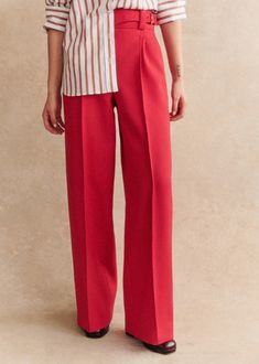 High-waisted trousers;Straight, wide leg;Hidden front zip fastening;Belt fastened with an imitation horn buckle on the side;Stitched pleats on front;Broken pleats front and back;Piped pockets on back;Inside leg length: 82 cm / 32.3 in (on all sizes) Red Wide Leg Pants, Pants Colorful, Side Stitch, Lady Fashion, Red Pants, Pants Wide Leg, High Waisted Trousers, Parisian Style, Straight Leg Pants