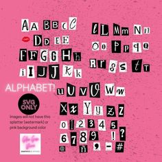 the alphabet is made up of black and white letters on a pink background with numbers