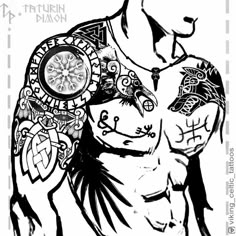 an ink drawing of a man with tattoos on his arm and chest, in black and white