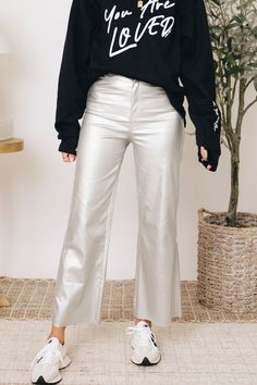 RESTOCKED! Silver Metallic STRETCHY Wide Leg Cropped Pants (S-XL) – Emerald XO Ivy Event Fits, Baggy Pants Outfit, Silver Pants, Metallic Pants, Overalls Pants, Wide Leg Cropped Pants, Main Event, Holiday Wardrobe, Jean Top