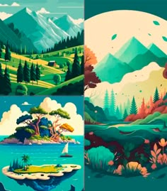 four different landscapes with trees and mountains in the middle one is blue, the other has green