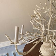 two candles are sitting in a vase made out of branches