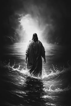 jesus walking into the water with his arms outstretched in front of him, and dark clouds above