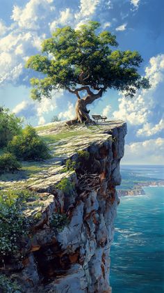 a painting of a tree sitting on top of a cliff