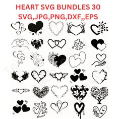 the heart svg bundle is shown in black and white, with hearts drawn on it