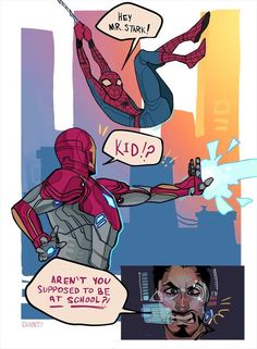 an image of spider - man and ironman in the same comic strip, with caption