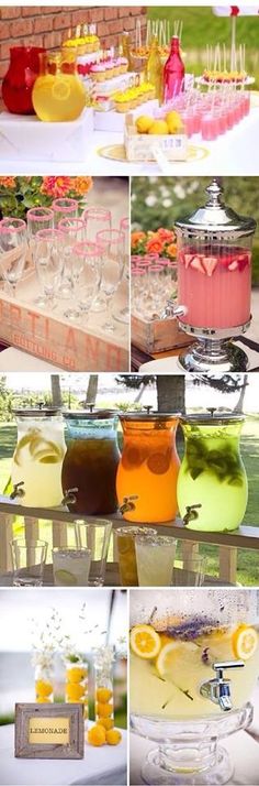 several different shots of lemonade and drinks on a table with flowers in vases