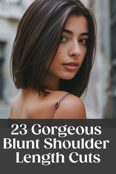 Woman with straight, shoulder-length hair looking over her shoulder, promoting 23 gorgeous blunt shoulder length cuts. Hairstyles For Shoulder Length Straight Hair, Haircut Straight Hair Women, One Length Shoulder Length Hair, Hairstyles For Moms In Their 30s, Haircut Ideas Straight Hair Medium, Long Face Hairstyles Short, Long Straight Bob Hairstyles, Haircut For Long Neck