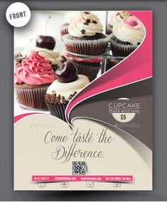 an advertisement for cupcakes with pink and white icing on it, in front of