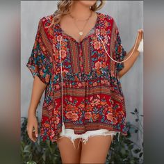 New In Original Packaging Women's Red Floral Bohemian Short Sleeve Babydoll Tunic Blouse. Plus Size 3x Rayon. Floral Print Short Sleeve Peasant Top For Beach, Flowy Short Sleeve Peasant Top For Beach, Red Peasant Blouse For The Beach, Multicolor Bohemian Peasant Top With Short Sleeves, Flowy Red Blouse For Vacation, Flowy Short Sleeve Peasant Top For Vacation, Bohemian Multicolor Short Sleeve Peasant Top, Red Bohemian Blouse For Summer, Bohemian Red Blouse With Relaxed Fit