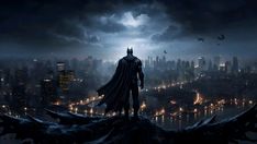 a batman standing on top of a hill in front of a city skyline at night