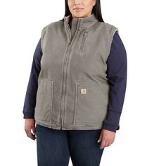 Women's heavyweight duck vest with a Sherpa liningThis women's vest is a versatile layer built to pack on extra warmth right where it matters most. It's made of our signature heavyweightcotton duck, and has a warm Sherpa lining to take on chilly weatFeatures12-ounce, 100% ringspun cotton washed duckSherpa-fleece lining for warmthCarhartt-strong, triple-stitched main seamsFull zip frontDroptail hemTwo sherpa-lined front pocketsTwo inner pocketsBack length: Large regular: 27"; Large tall: 29"Count Carhartt Vest, Womens Sherpa, Carhartt Jackets, Carhartt Womens, Adidas Track Suit, Carhartt Women, Reversible Vest, Chilly Weather, Fleece Vest