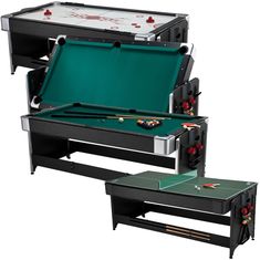 two pool tables and one table top are shown in this image, both with the same green cloth