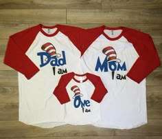 three shirts with the words i am one and dr seuss on them