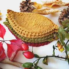 a knitted hat sitting on top of a table next to autumn leaves and berries