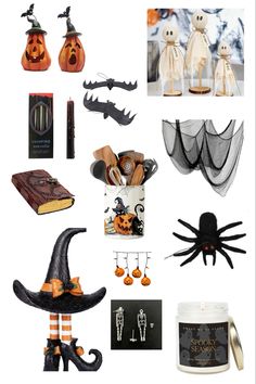 various halloween items are arranged on a white background, including pumpkins, candles and decorations